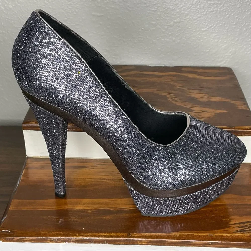 Promise Stiletto Platform Glitter Sparkly Steel Gray / Pewter High Heels Size 9